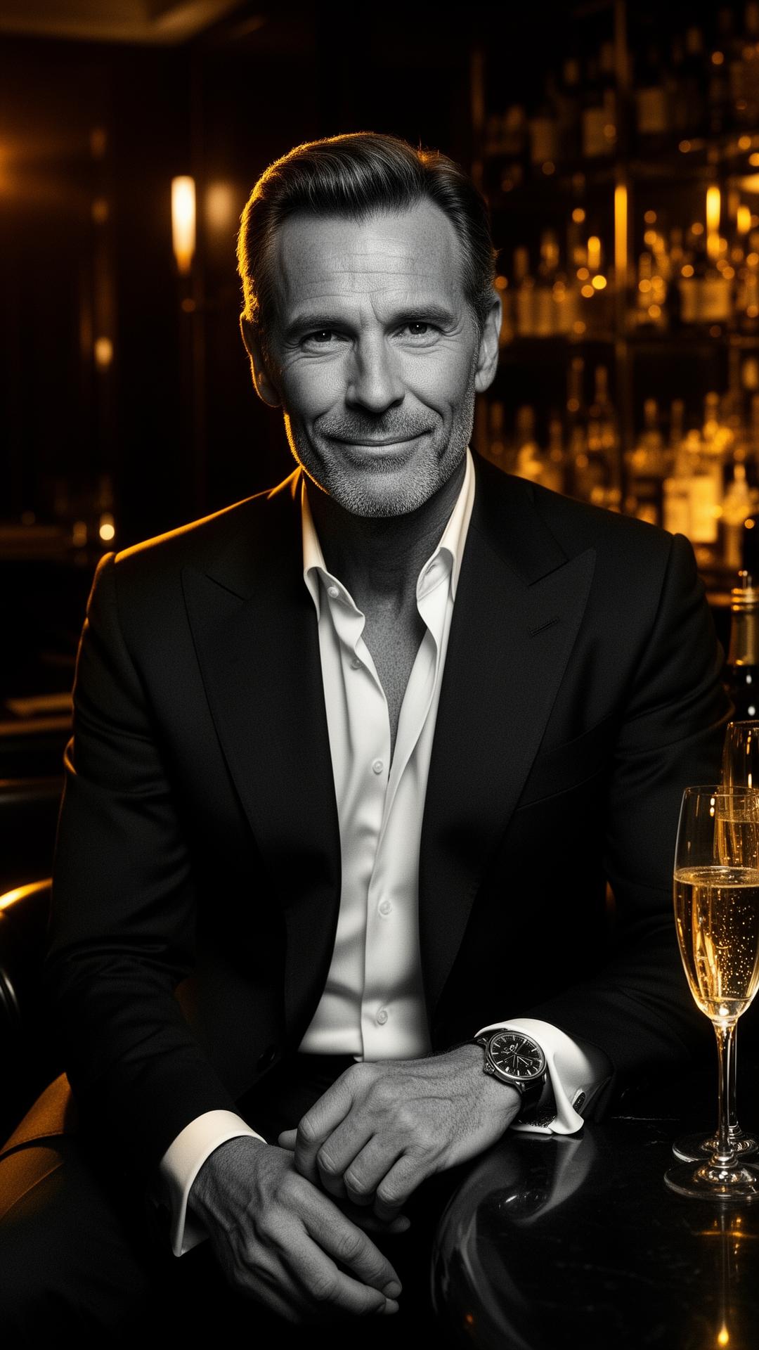 Alexander Noir, kultivierter Begleiter, in einer Hotelbar bei Abendstimmung